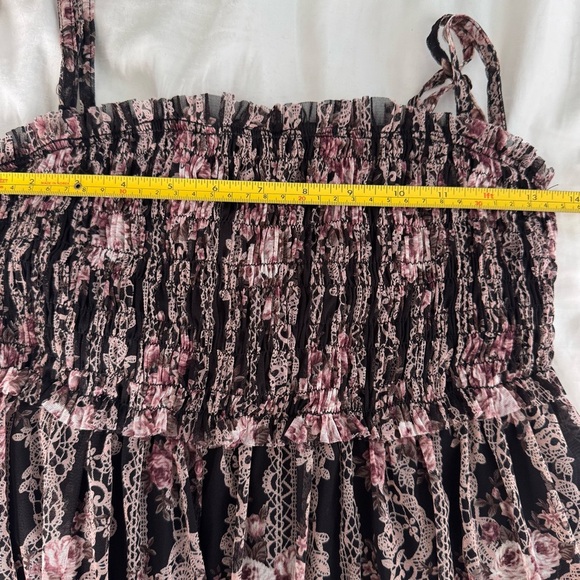 Maxi halter dress Small smocking pleats floral black&Pink-Japanese 0918 - Picture 7 of 13